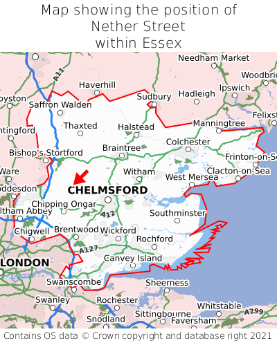 Map showing location of Nether Street within Essex