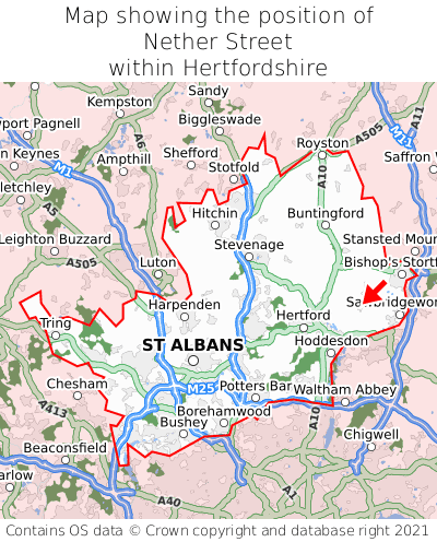 Map showing location of Nether Street within Hertfordshire