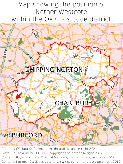 Map showing location of Nether Westcote within OX7