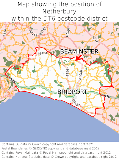 Map showing location of Netherbury within DT6