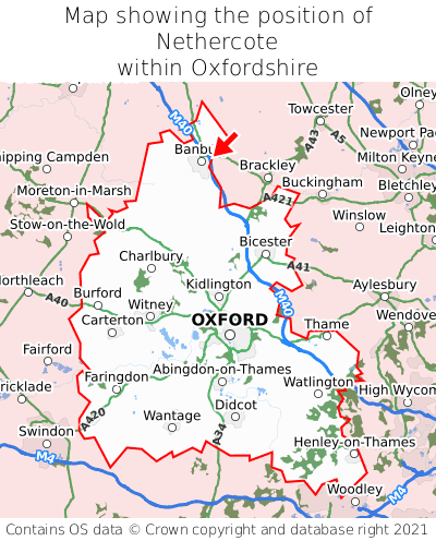 Map showing location of Nethercote within Oxfordshire