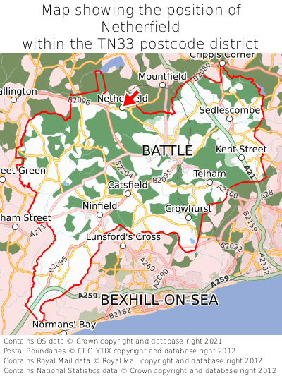 Map showing location of Netherfield within TN33