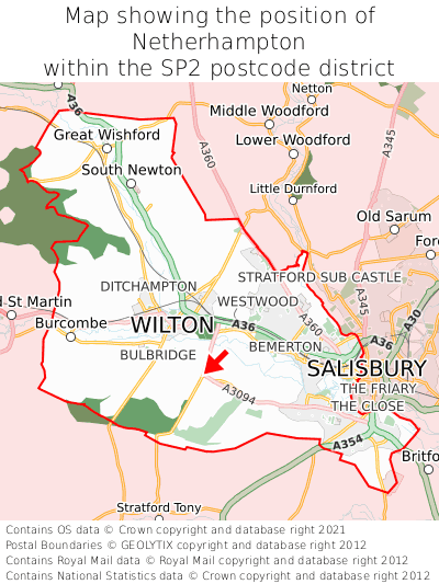 Map showing location of Netherhampton within SP2
