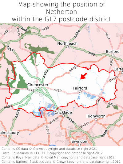Map showing location of Netherton within GL7
