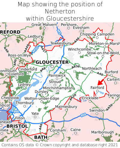 Map showing location of Netherton within Gloucestershire