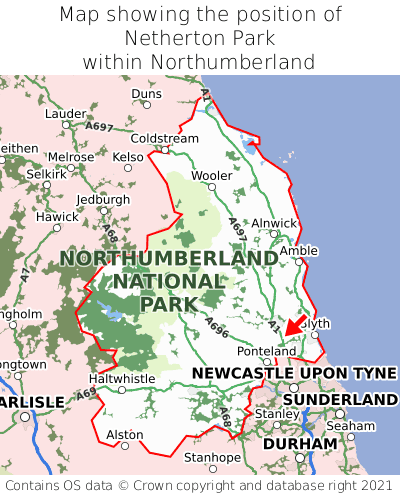 Map showing location of Netherton Park within Northumberland