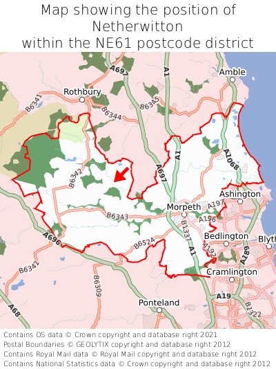 Map showing location of Netherwitton within NE61
