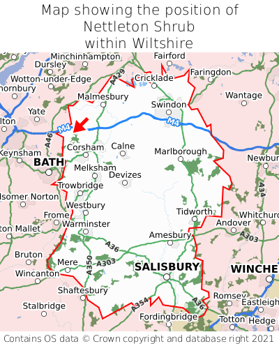Map showing location of Nettleton Shrub within Wiltshire