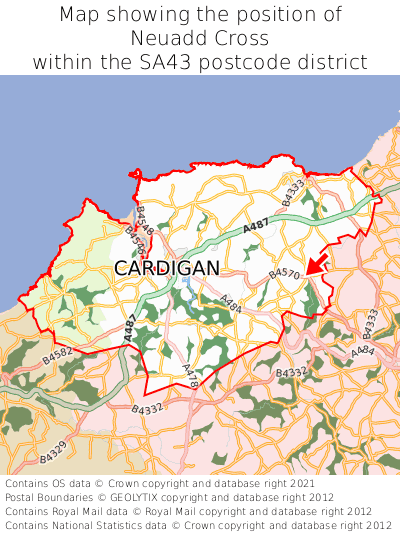 Map showing location of Neuadd Cross within SA43