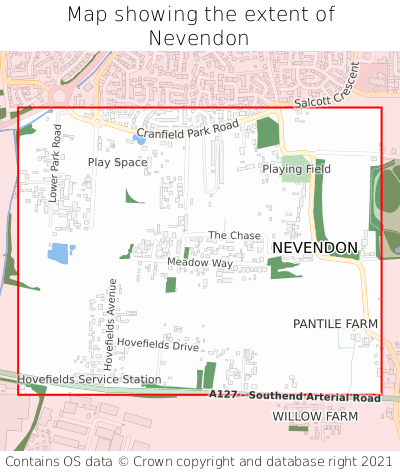 Map showing extent of Nevendon as bounding box
