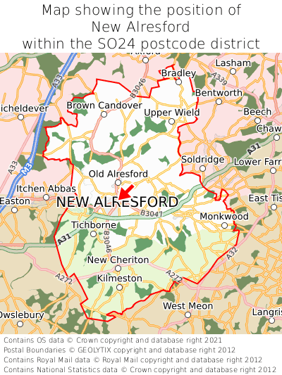 Map showing location of New Alresford within SO24