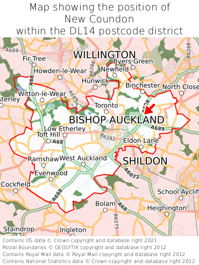 Map showing location of New Coundon within DL14