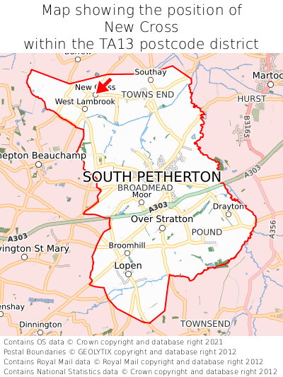 Map showing location of New Cross within TA13