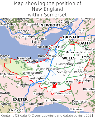 Map showing location of New England within Somerset