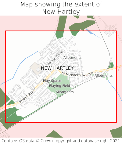Map showing extent of New Hartley as bounding box