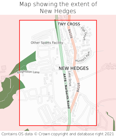 Map showing extent of New Hedges as bounding box