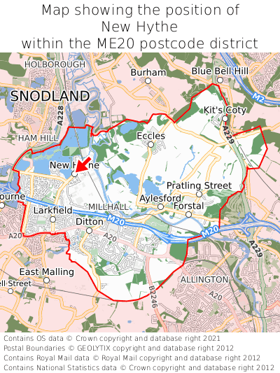 Map showing location of New Hythe within ME20