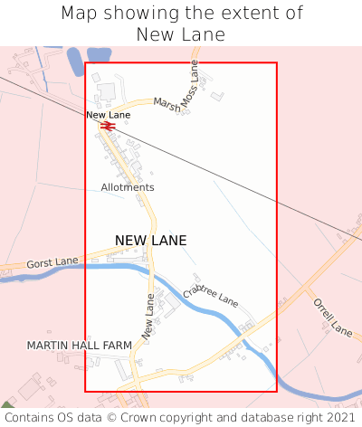 Map showing extent of New Lane as bounding box