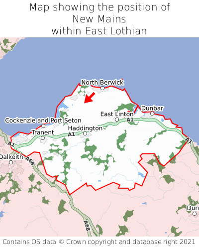 Map showing location of New Mains within East Lothian