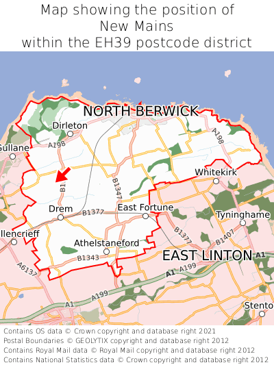 Map showing location of New Mains within EH39
