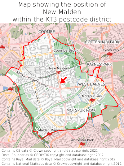 Map showing location of New Malden within KT3