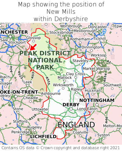 Map showing location of New Mills within Derbyshire