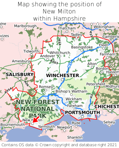 Map showing location of New Milton within Hampshire