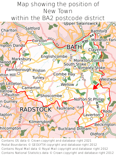 Map showing location of New Town within BA2