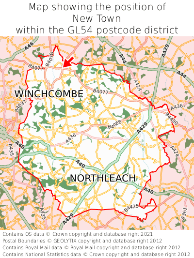 Map showing location of New Town within GL54