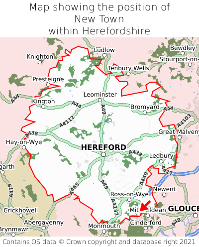 Map showing location of New Town within Herefordshire