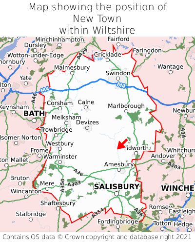 Map showing location of New Town within Wiltshire