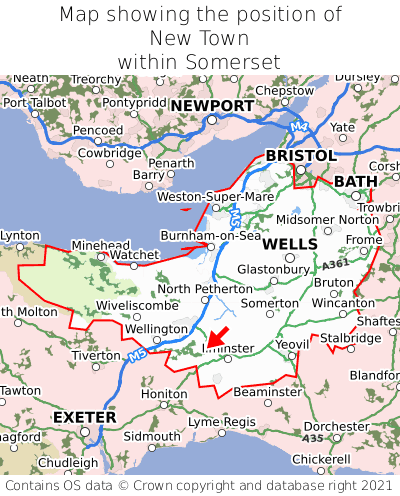 Map showing location of New Town within Somerset