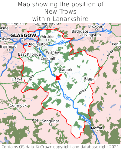 Map showing location of New Trows within Lanarkshire