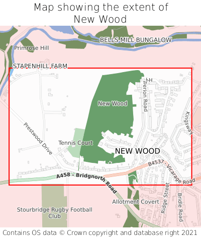 Map showing extent of New Wood as bounding box