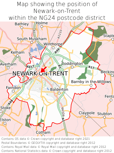 Map showing location of Newark-on-Trent within NG24