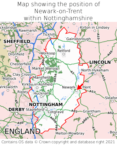 Map showing location of Newark-on-Trent within Nottinghamshire
