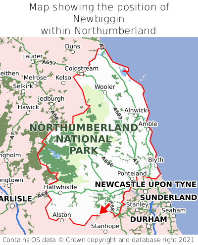 Map showing location of Newbiggin within Northumberland