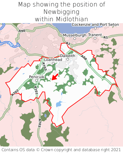 Map showing location of Newbigging within Midlothian