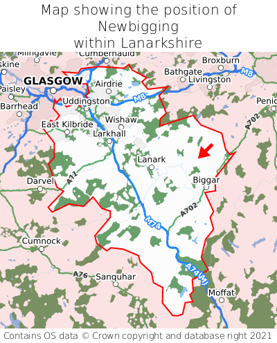 Map showing location of Newbigging within Lanarkshire