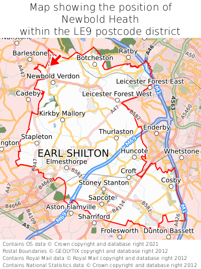 Map showing location of Newbold Heath within LE9
