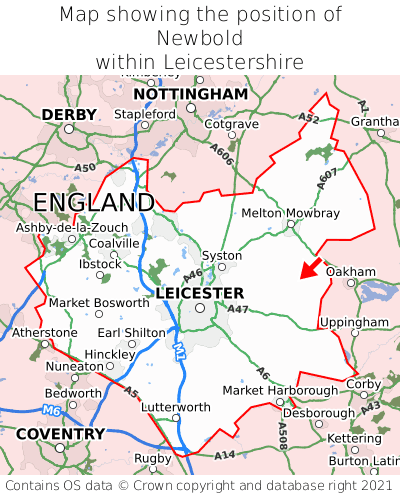 Map showing location of Newbold within Leicestershire