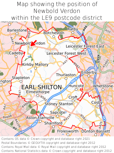 Map showing location of Newbold Verdon within LE9