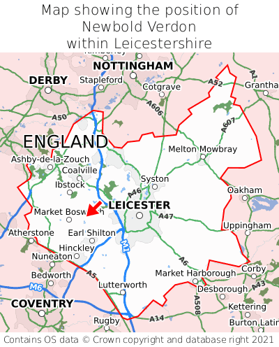 Map showing location of Newbold Verdon within Leicestershire