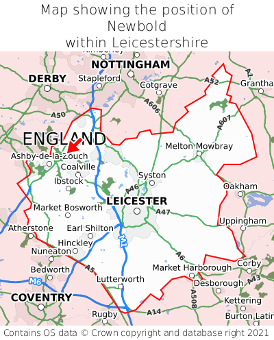 Map showing location of Newbold within Leicestershire