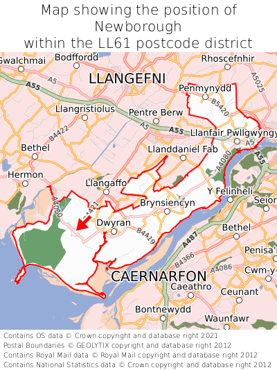 Map showing location of Newborough within LL61