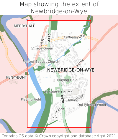 Map showing extent of Newbridge-on-Wye as bounding box