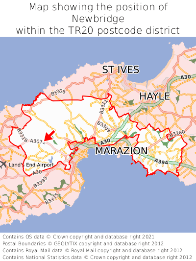 Map showing location of Newbridge within TR20