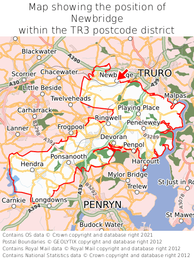 Map showing location of Newbridge within TR3