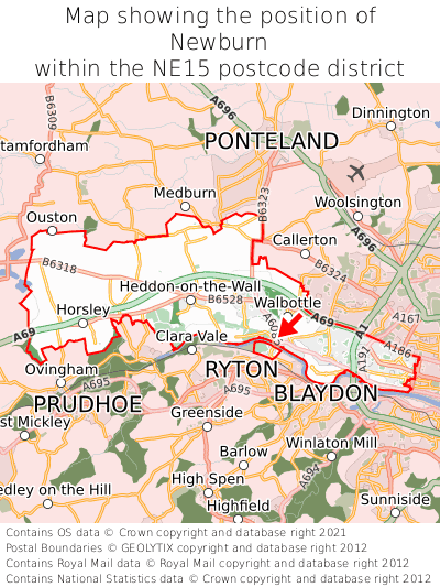 Map showing location of Newburn within NE15