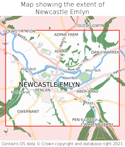 Map showing extent of Newcastle Emlyn as bounding box